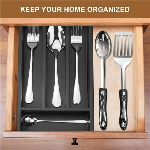 Small bamboo silverware drawer organizer narrow cutlery tray utensil flatware ho - Picture 4 of 7